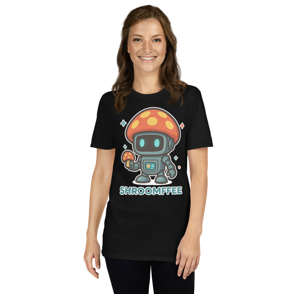 Person wearing a black t-shirt with a robot and mushroom design on a white background