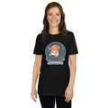Person wearing a black t-shirt with a graphic design of a character in a space suit and 'SHROOMFEE' text.