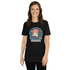 Person wearing a black t-shirt with a graphic design of a character in a space suit and 'SHROOMFEE' text.