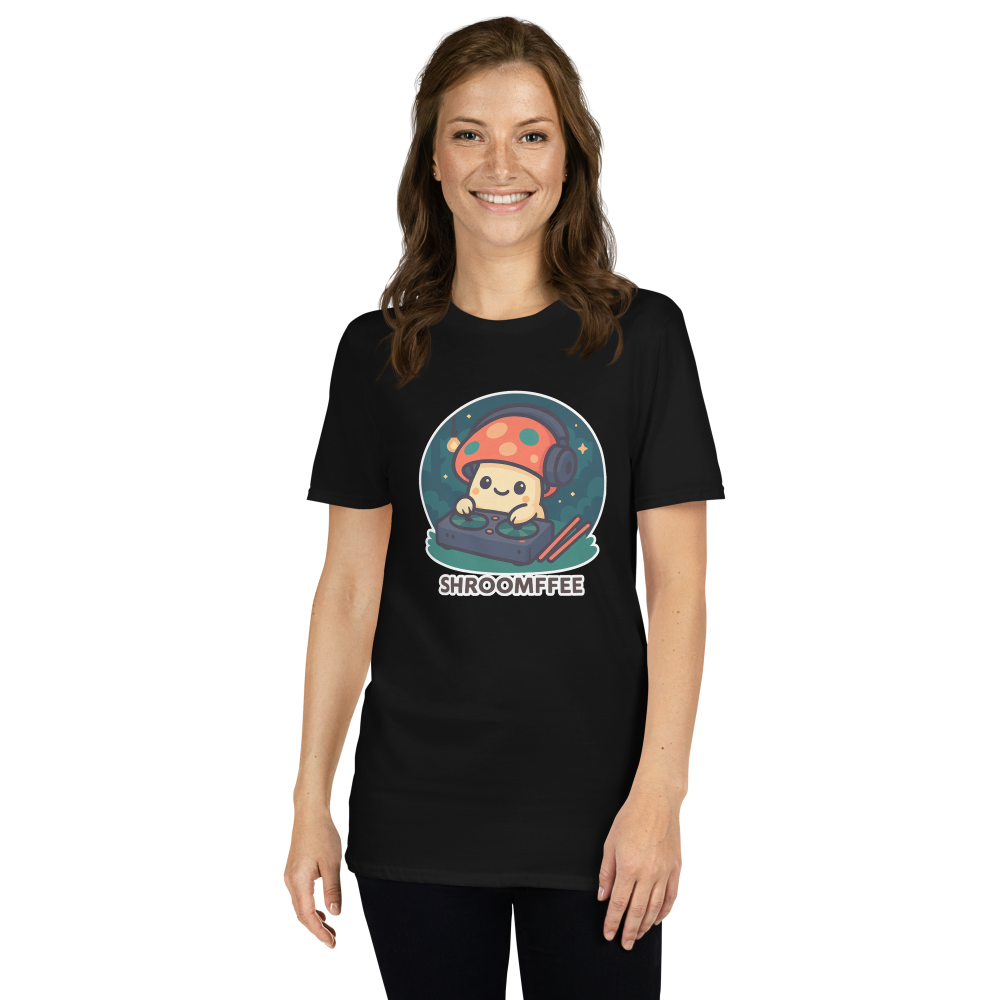 Person wearing a black t-shirt with a graphic design of a character in a space suit and 'SHROOMFEE' text.