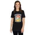 Person wearing a black t-shirt with a colorful graphic design on a white background