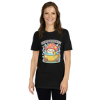 Person wearing a black t-shirt with a colorful graphic design on a white background