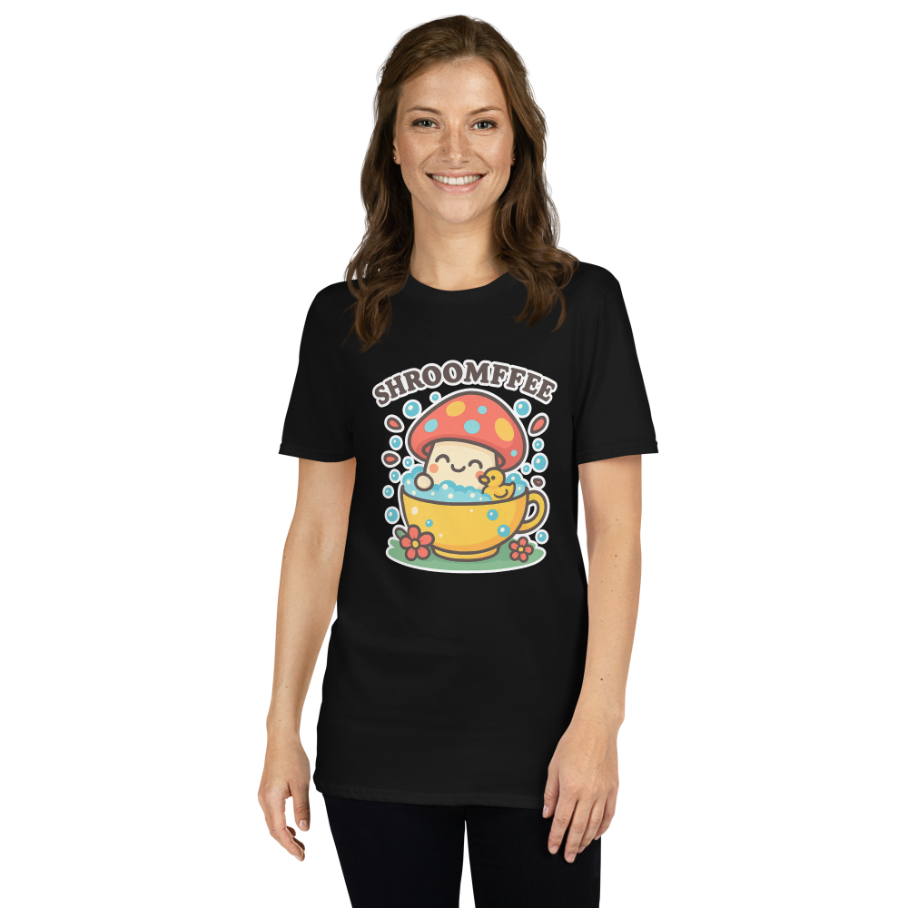 Person wearing a black t-shirt with a colorful graphic design on a white background