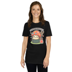 Person wearing a black t-shirt with a colorful mushroom graphic and text.