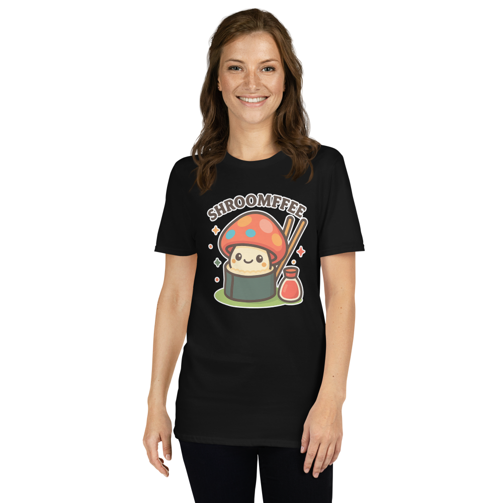 Person wearing a black t-shirt with a colorful mushroom graphic and text.