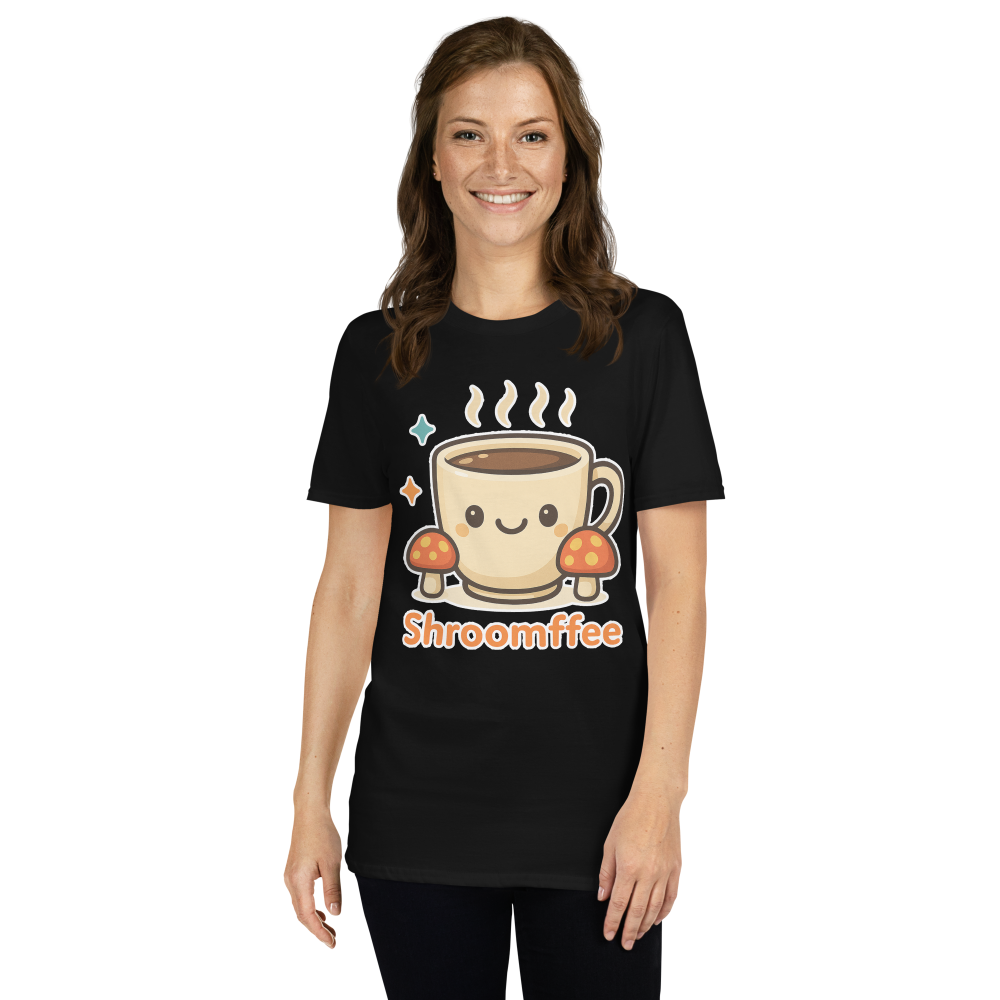 Person wearing a black t-shirt with a 'Shroomffee' graphic design on a white background