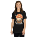 Person wearing a black t-shirt with a cartoon mushroom design on a white background