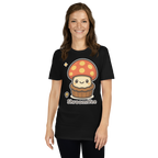 Person wearing a black t-shirt with a cartoon mushroom design on a white background