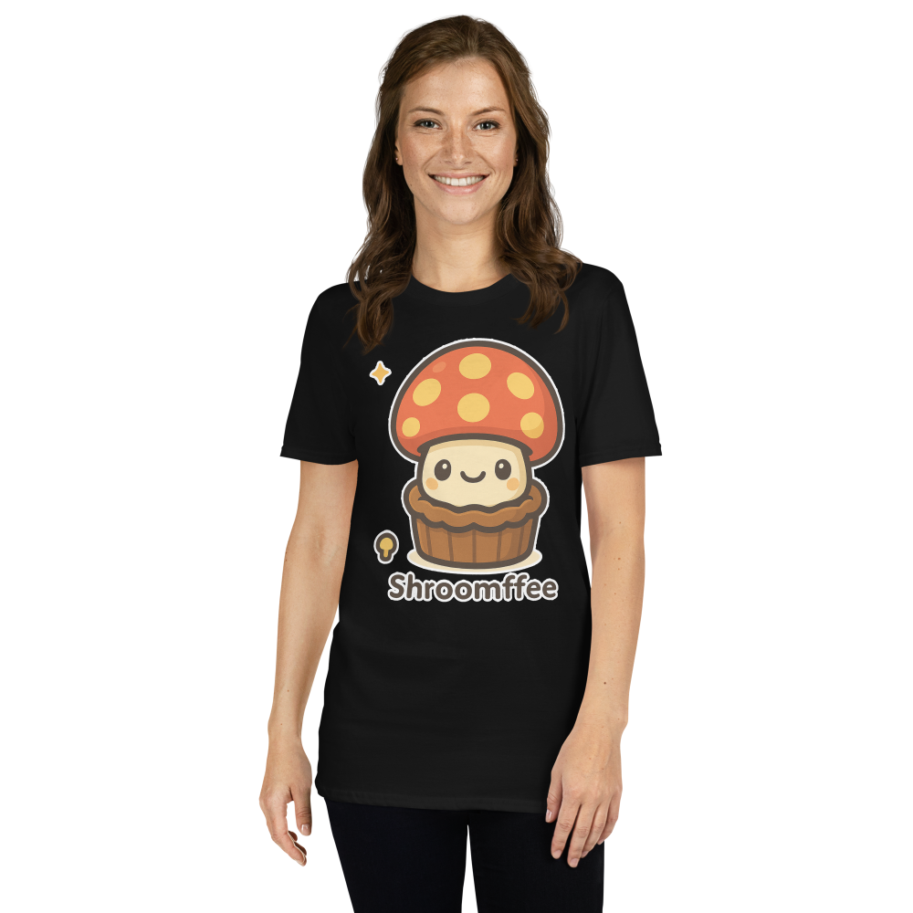 Person wearing a black t-shirt with a cartoon mushroom design on a white background