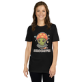 Person wearing a black t-shirt with a cartoon mushroom design and 'SHROOMEE' text on a white background