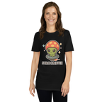 Person wearing a black t-shirt with a cartoon mushroom design and 'SHROOMEE' text on a white background