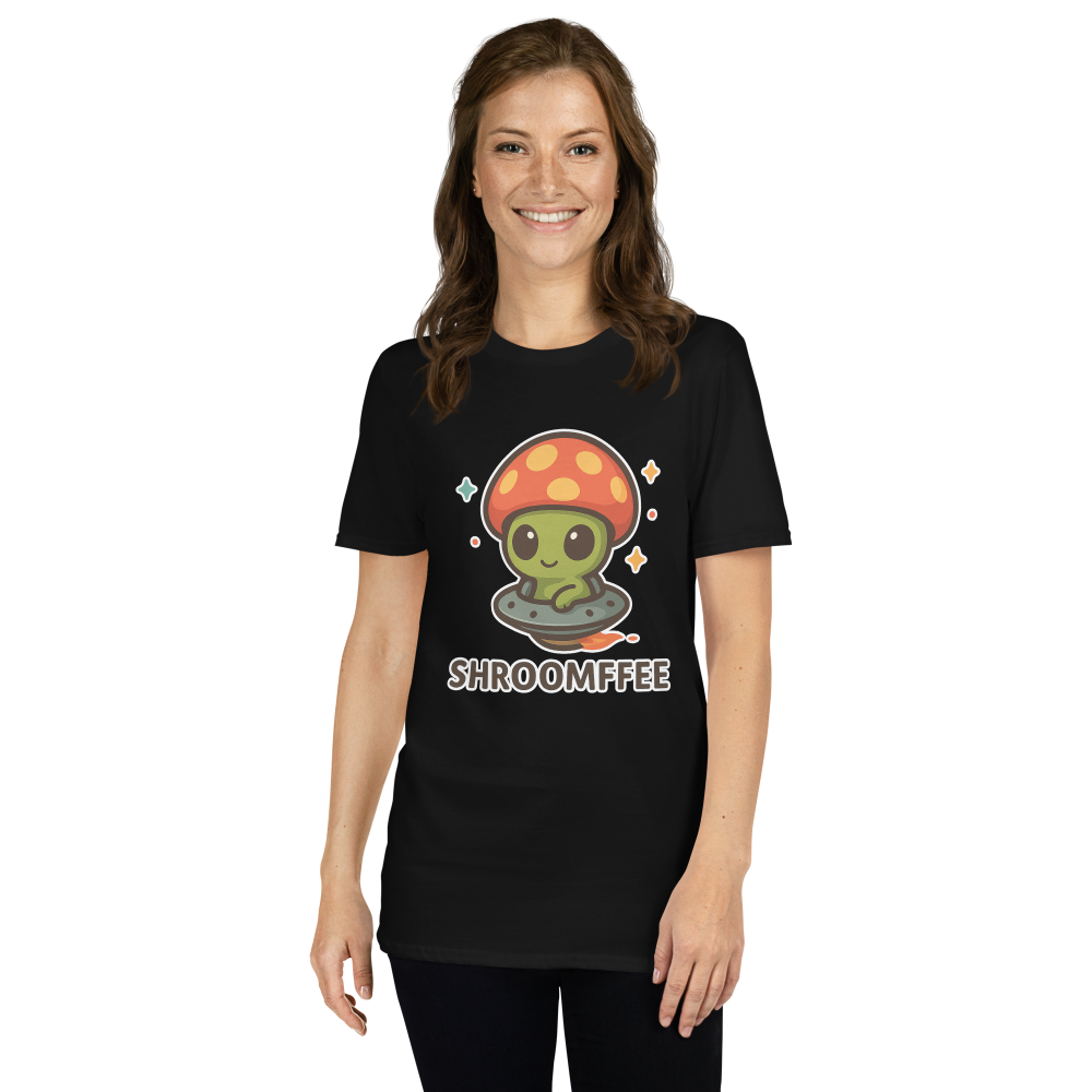 Person wearing a black t-shirt with a cartoon mushroom design and 'SHROOMEE' text on a white background