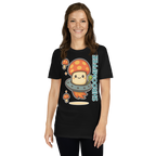 Person wearing a black t-shirt with a cartoon mushroom design and 'SHROOMEE' text.