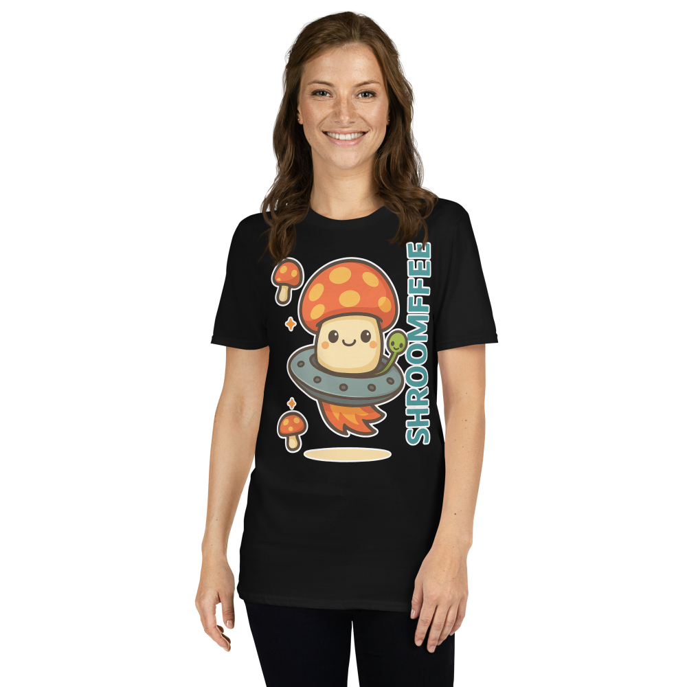 Person wearing a black t-shirt with a cartoon mushroom design and 'SHROOMEE' text.