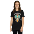 Person wearing a black t-shirt with a colorful mushroom ice cream cone design on a white background