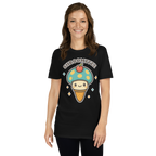 Person wearing a black t-shirt with a colorful mushroom ice cream cone design on a white background
