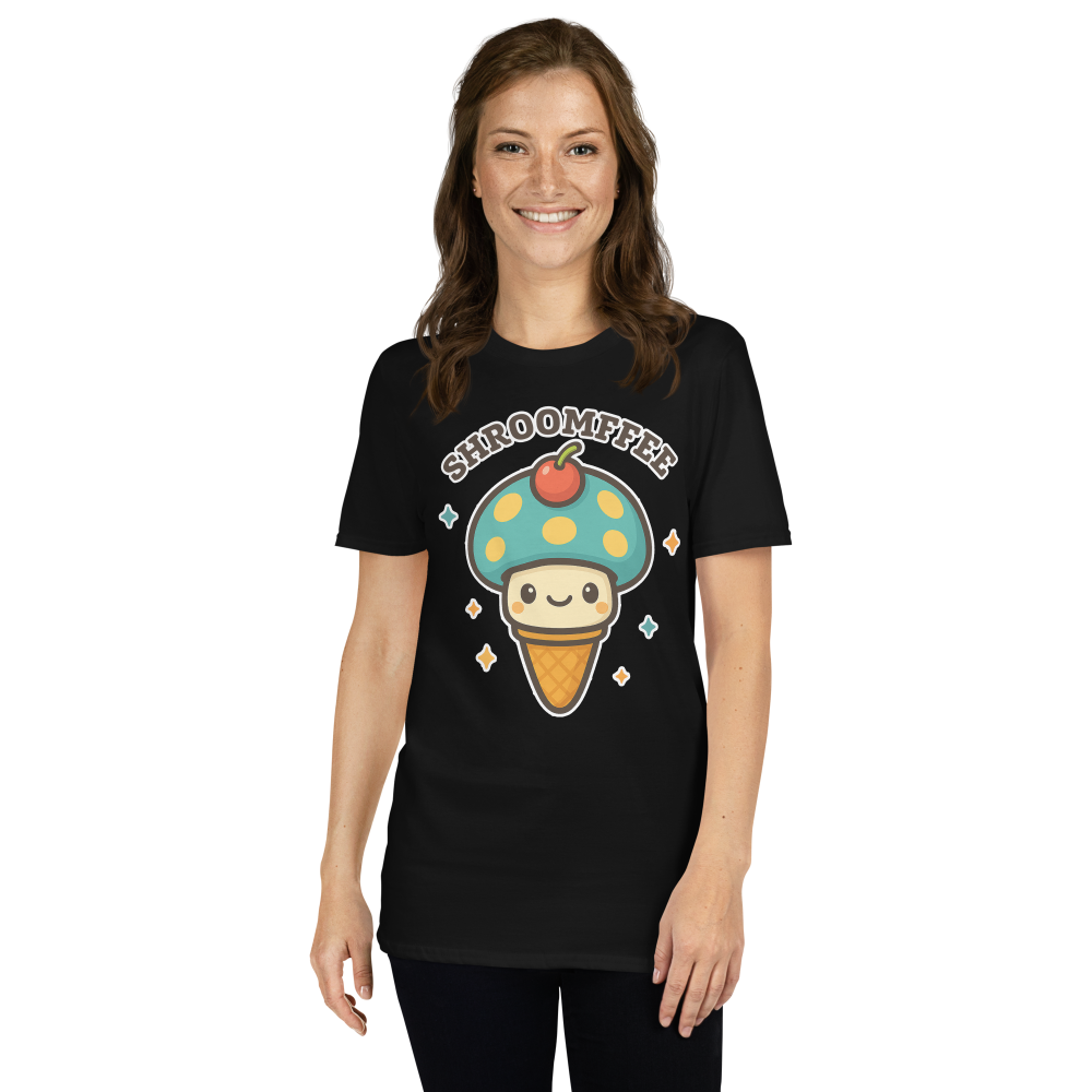Person wearing a black t-shirt with a colorful mushroom ice cream cone design on a white background