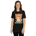 Person wearing a black t-shirt with a cat under a mushroom design and 'SHROOMFEE' text.