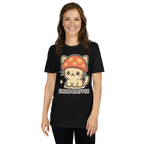 Person wearing a black t-shirt with a cat under a mushroom design and 'SHROOMFEE' text.