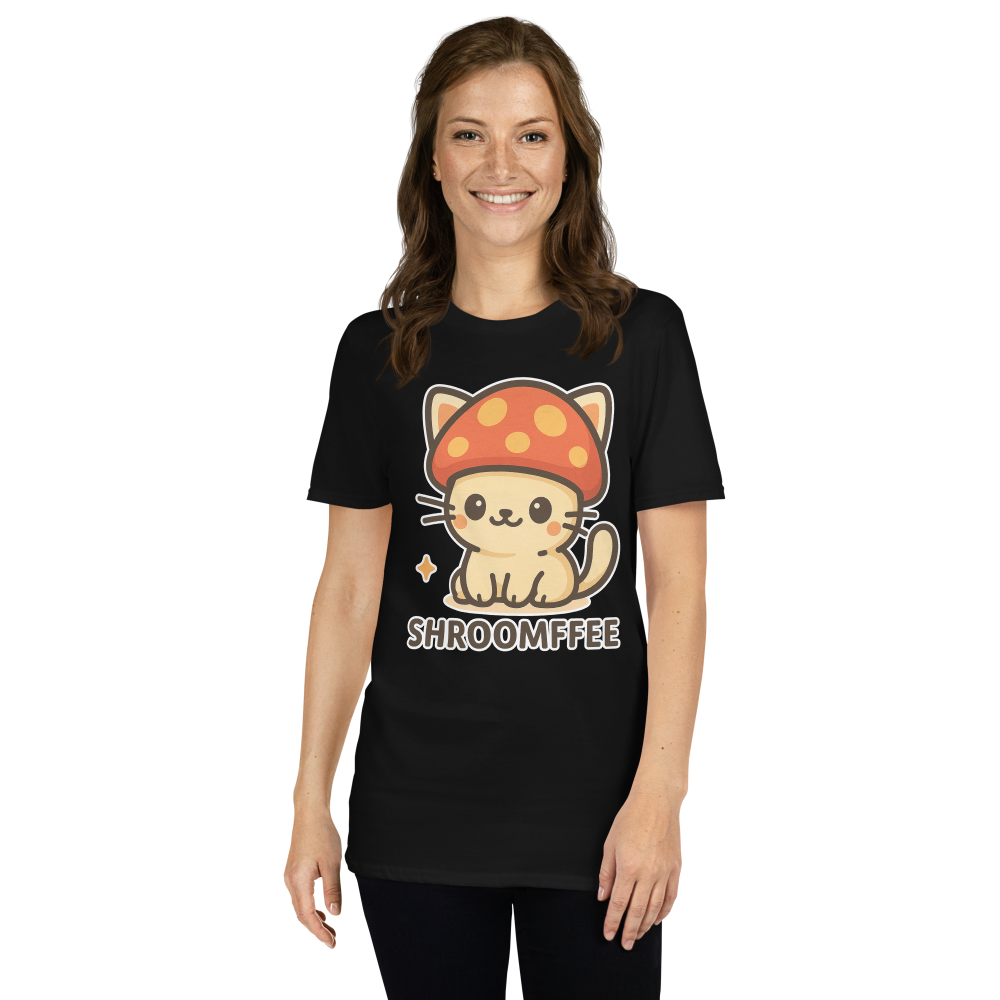 Person wearing a black t-shirt with a cat under a mushroom design and 'SHROOMFEE' text.