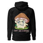 Black hoodie with a cartoon mushroom design and text on the back