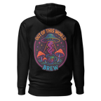 Black hoodie with a colorful graphic design on the back featuring mushrooms, a coffee cup, and text.