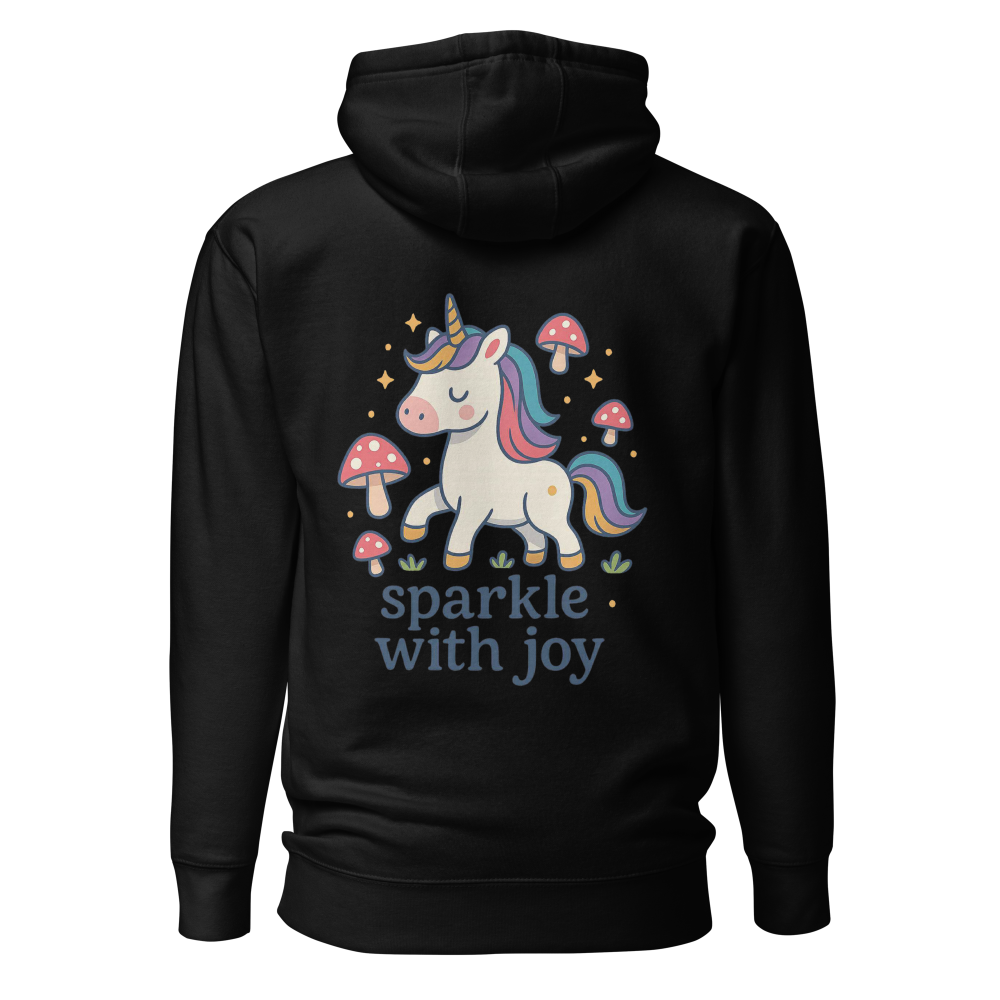 Black hoodie with a unicorn graphic and 'sparkle with joy' text on the back