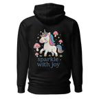 Black hoodie with a unicorn graphic and 'sparkle with joy' text on the back