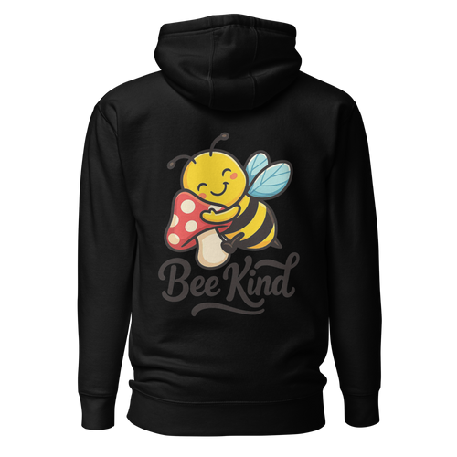 Black hoodie with a bee design and 'Bee Kind' text on the back