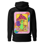 Black hoodie with a colorful mushroom design on the back against a white background