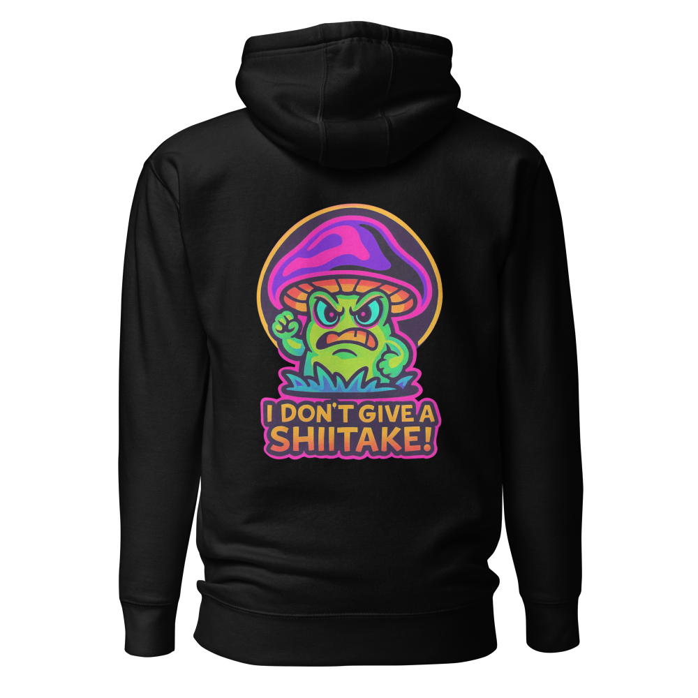 Black hoodie with colorful mushroom graphic and text on the back