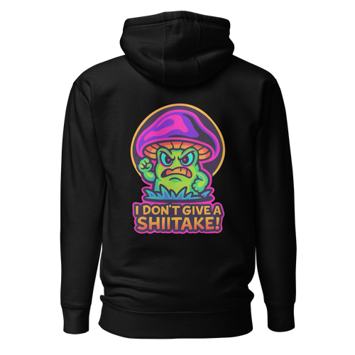 Black hoodie with colorful mushroom graphic and text on the back