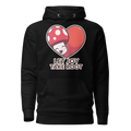 Black hoodie with a heart design featuring a mushroom and text 'Let Joy Take Root' on a white background.