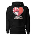 Black hoodie with a heart design featuring a mushroom and text 'Let Joy Take Root' on a white background.