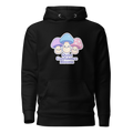 Black hoodie with pastel mushrooms and Quiet Confidence Blooms text – front view”; “Black hoodie with pastel mushrooms design 