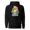 Black hoodie with a colorful graphic of a frog on a mushroom and text 'Leap into the Unexpected' on a white background.
