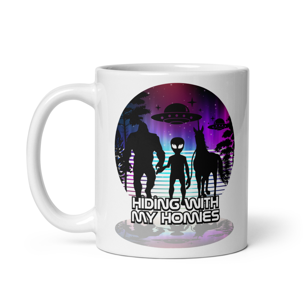 Mug with alien and UFO design on a white background
