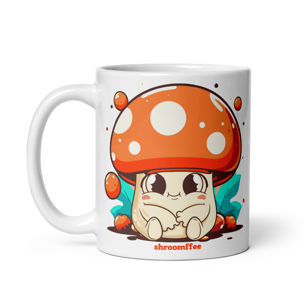 Mug with a cartoon mushroom design on a white background