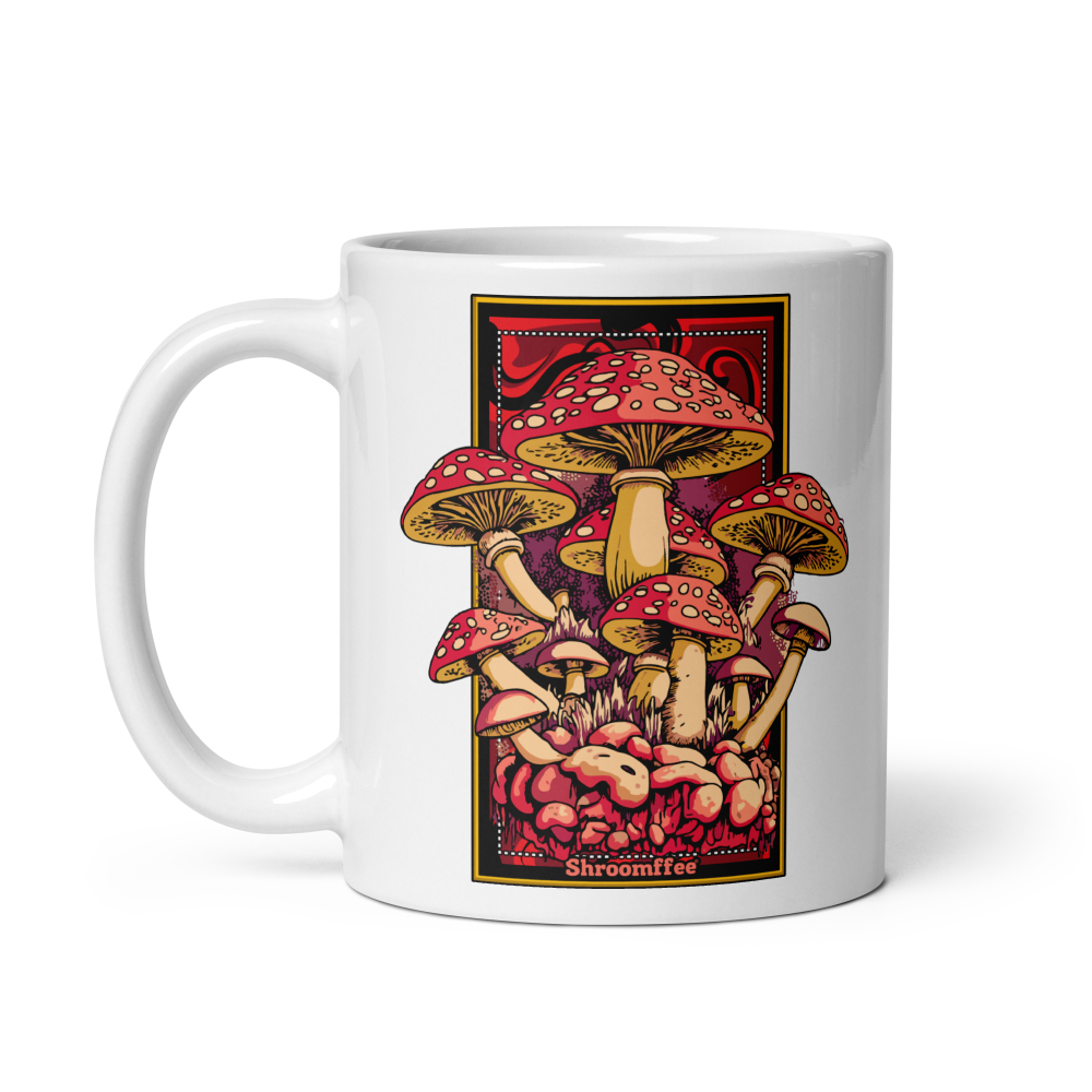 Mug with a colorful mushroom design on a white background