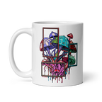White mug with colorful mushroom design on a white background