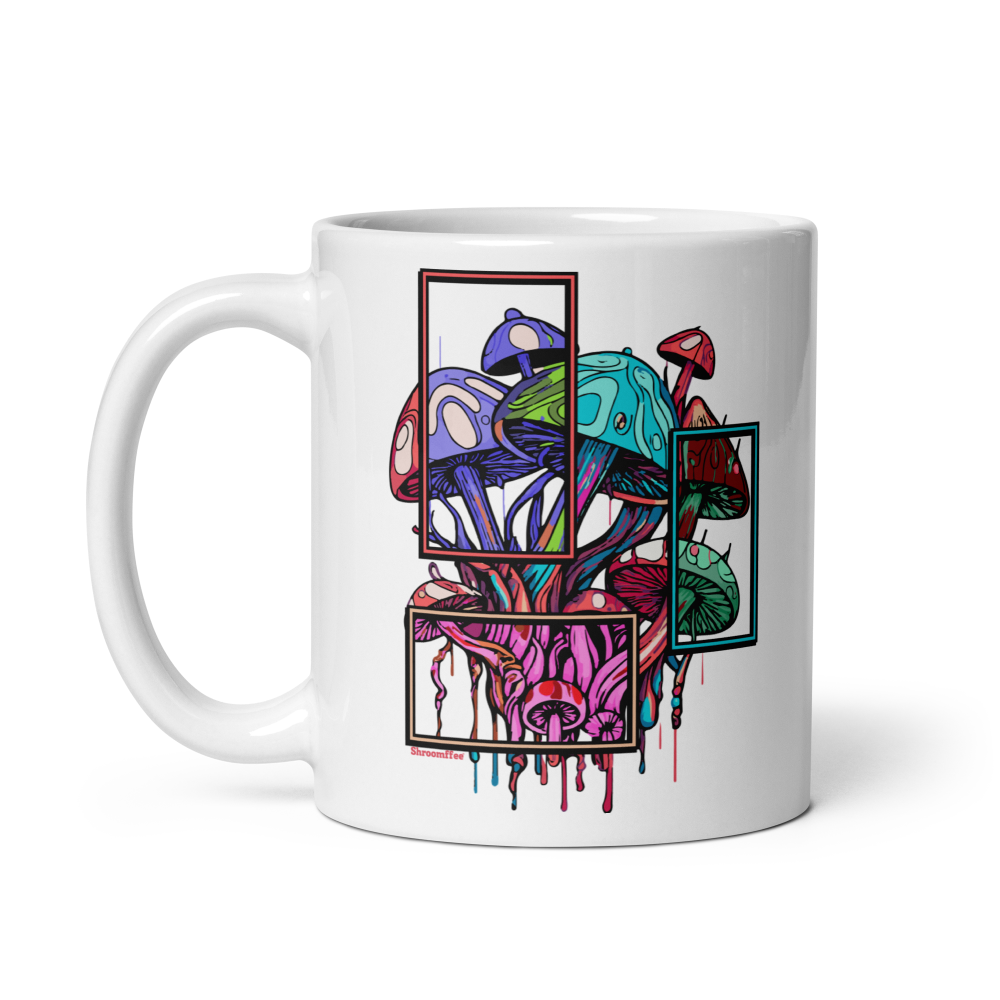 White mug with colorful mushroom design on a white background