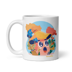 Mug with a colorful character design on a white background