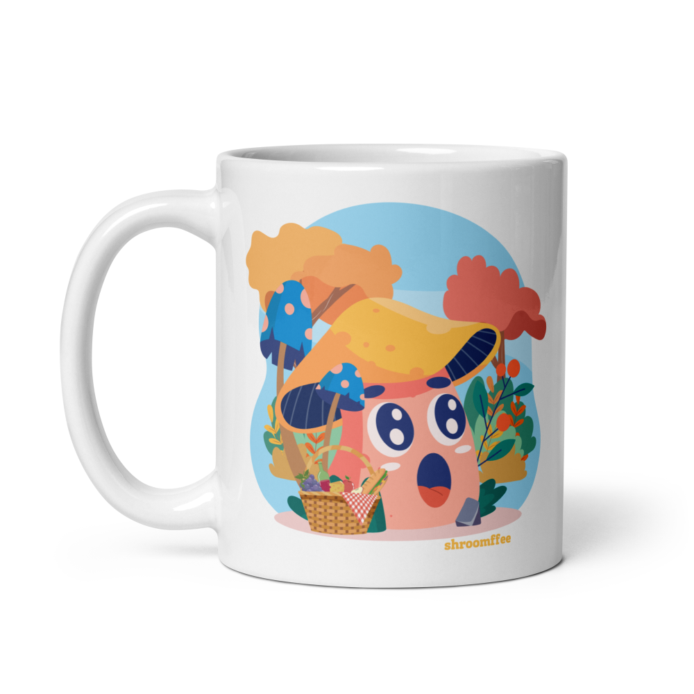 Mug with a colorful character design on a white background