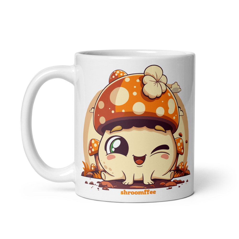 White mug with a cartoon mushroom design on a white background