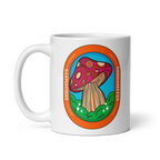White mug with a colorful mushroom design and 'SHROOMEEF' text on a white background