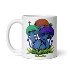 White mug with colorful mushroom design on a white background