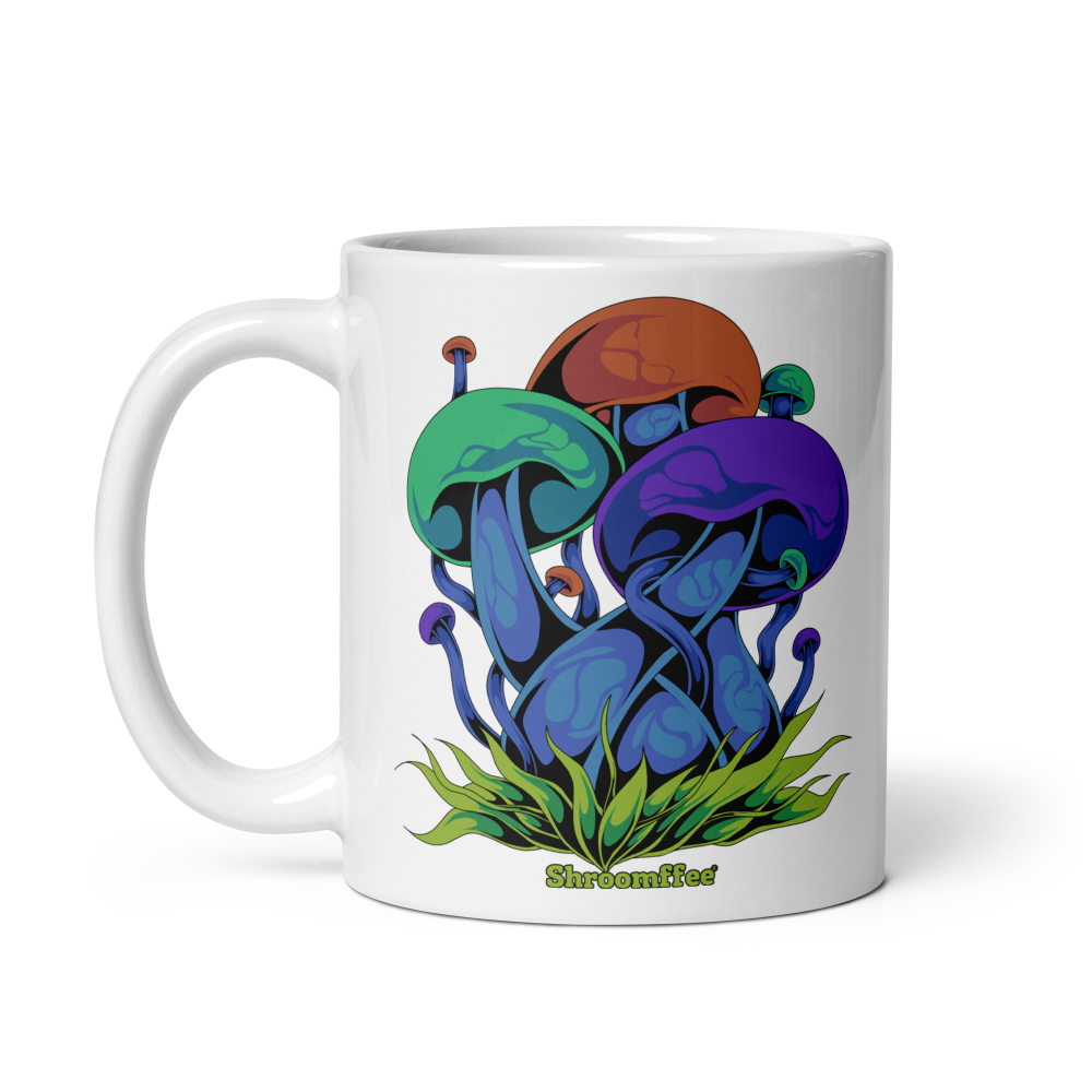 White mug with colorful mushroom design on a white background
