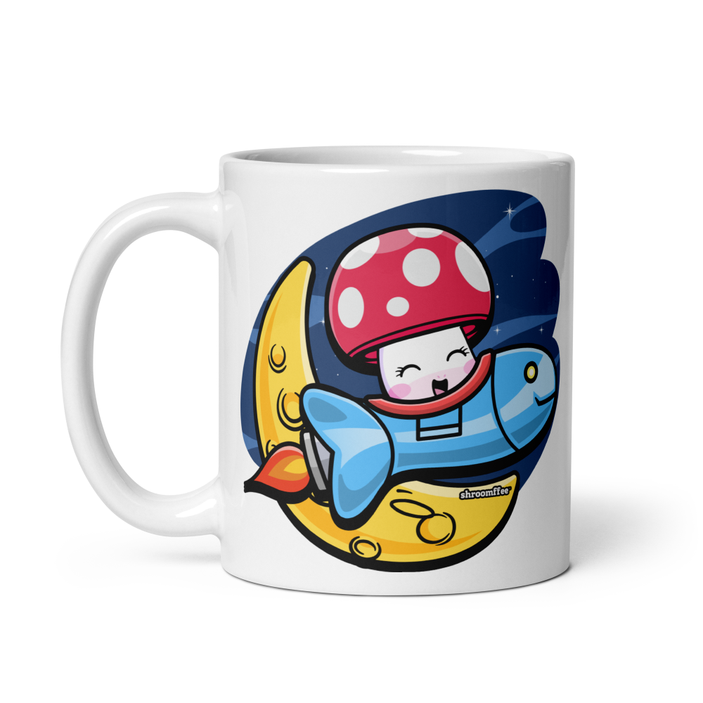 White mug with a colorful cartoon design featuring a mushroom character on a white background