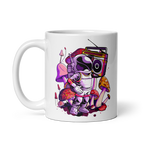 Mug with a colorful design of an astronaut holding a boombox among mushrooms on a white background
