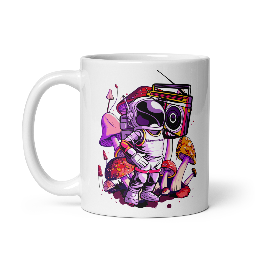 Mug with a colorful design of an astronaut holding a boombox among mushrooms on a white background